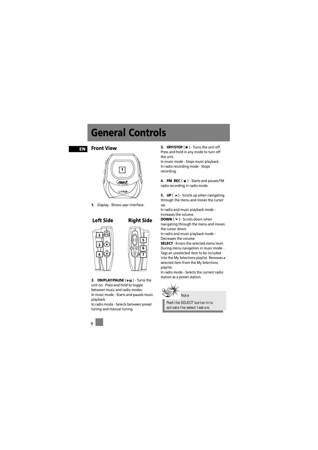 RCA RD2010, RD2012, RD2015, RD2011 manual General Controls, EN Front View, Left Side, Right Side 