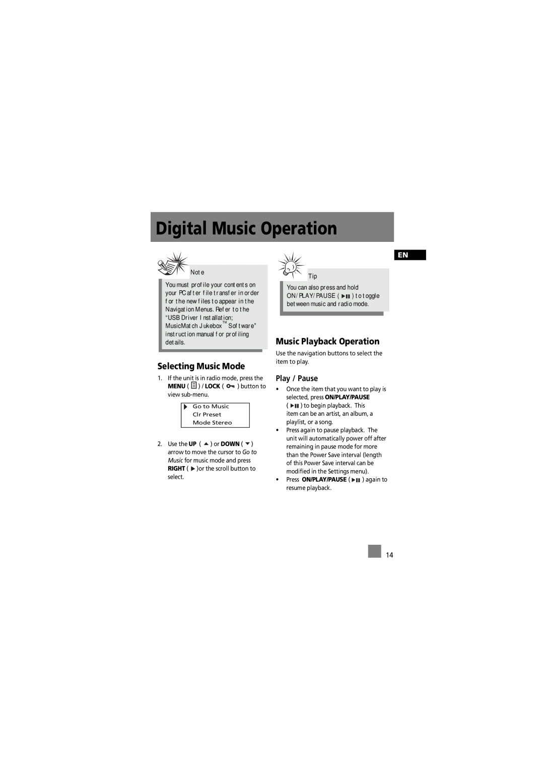 RCA RD2012, RD2015, RD2011, RD2010 Digital Music Operation, Selecting Music Mode, Music Playback Operation, Play / Pause 