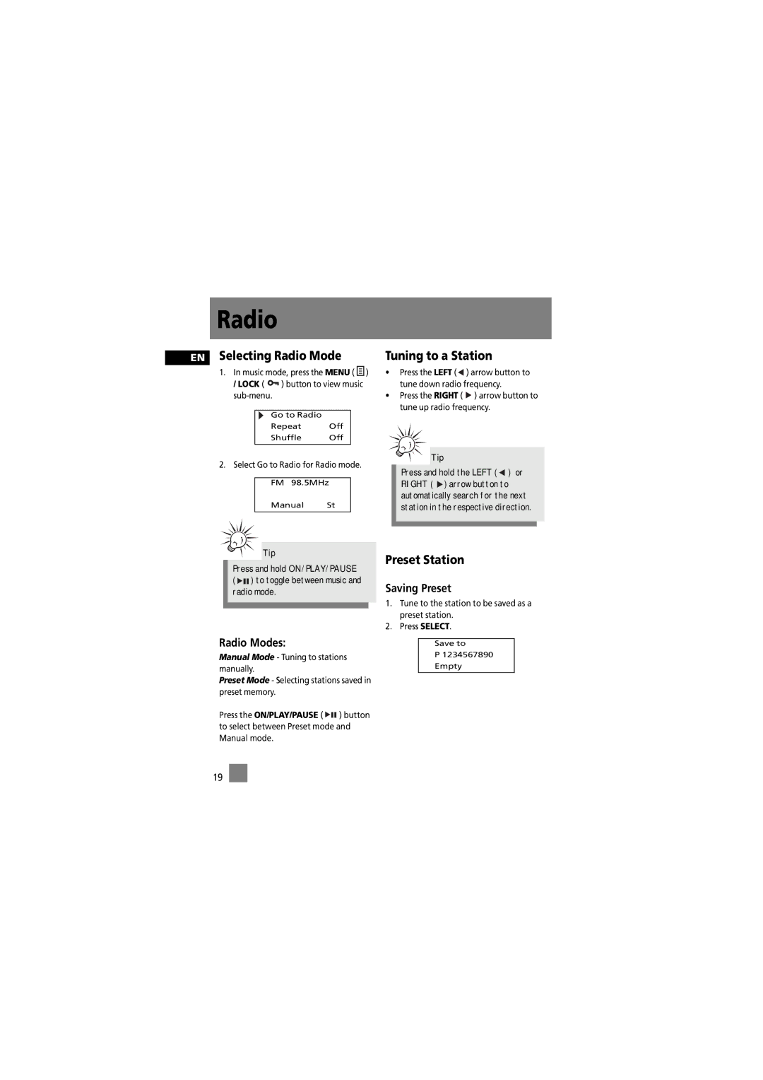 RCA RD2015, RD2012, RD2011, RD2010 Selecting Radio Mode Tuning to a Station, Preset Station, Radio Modes, Saving Preset 