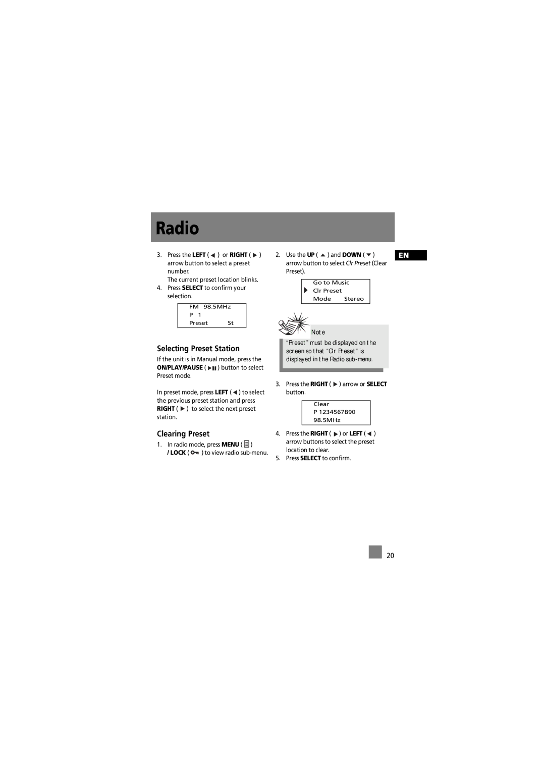 RCA RD2011, RD2012, RD2015, RD2010 manual Selecting Preset Station, Clearing Preset 