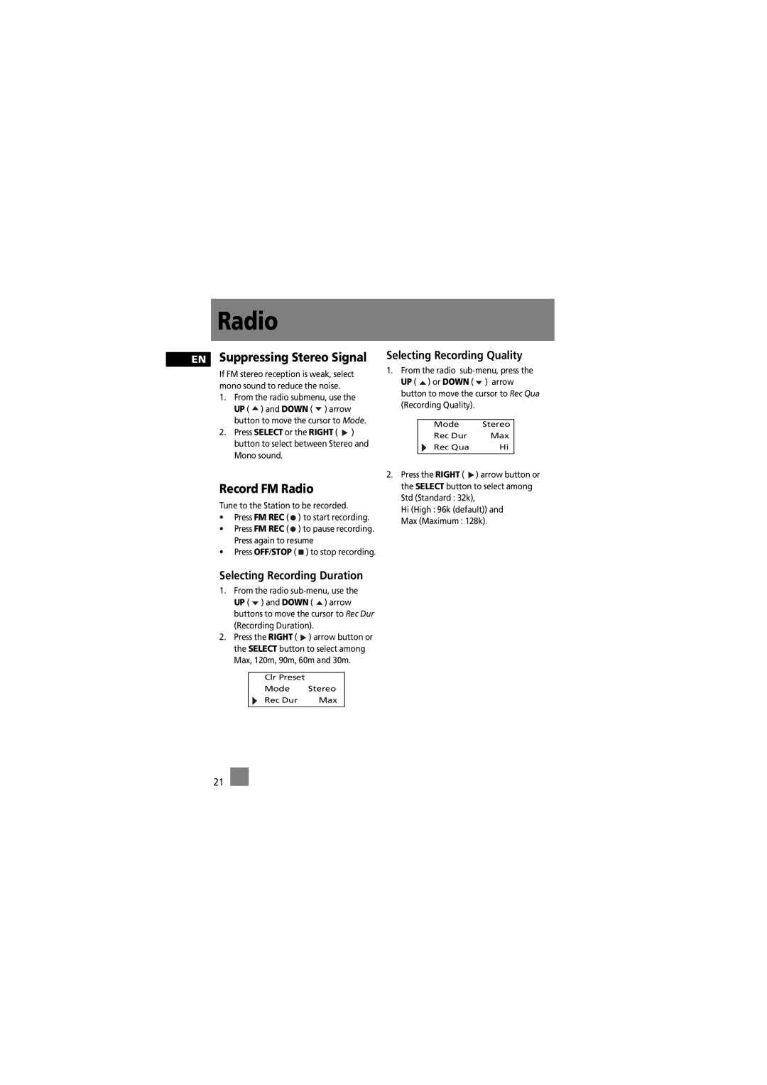 RCA RD2010 manual EN Suppressing Stereo Signal, Record FM Radio, Selecting Recording Duration, Selecting Recording Quality 