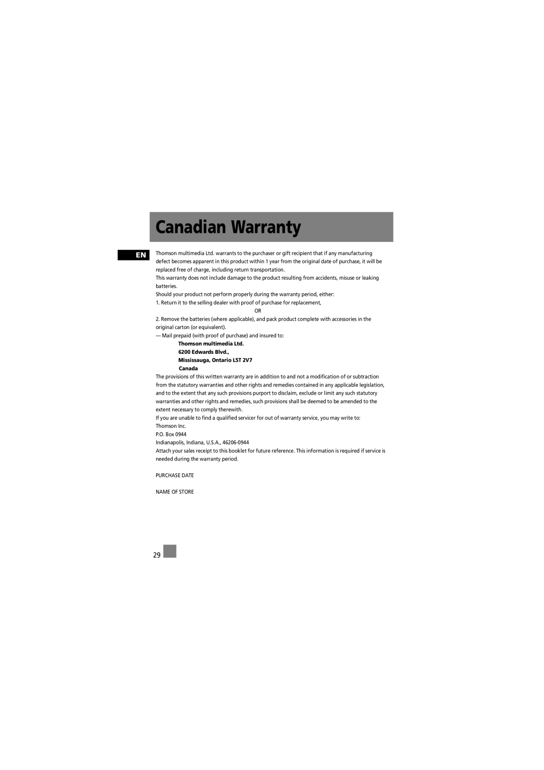 RCA RD2010, RD2012, RD2015, RD2011 manual Canadian Warranty, Canada 