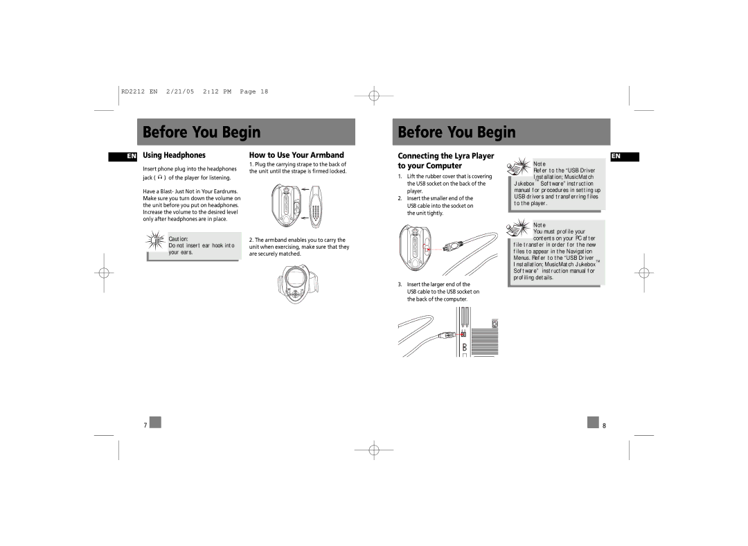 RCA RD2215, RD2210, 56028090 manual EN Using Headphones, How to Use Your Armband, Connecting the Lyra Player to your Computer 