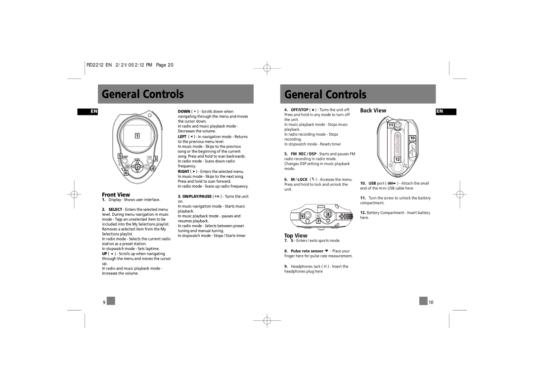 RCA 56028090, RD2210, RD2215 manual General Controls, Front View 