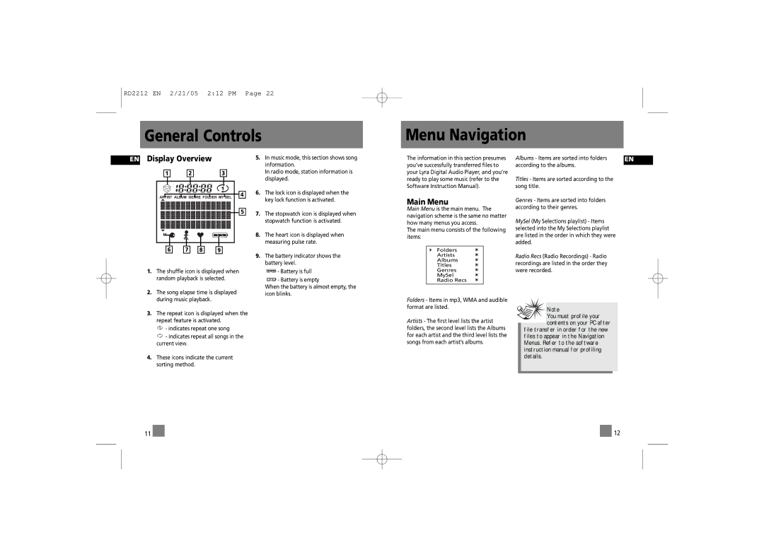 RCA RD2210, RD2215, 56028090 General Controls Menu Navigation, Display Overview, Main Menu, Folders Artists Albums Titles 