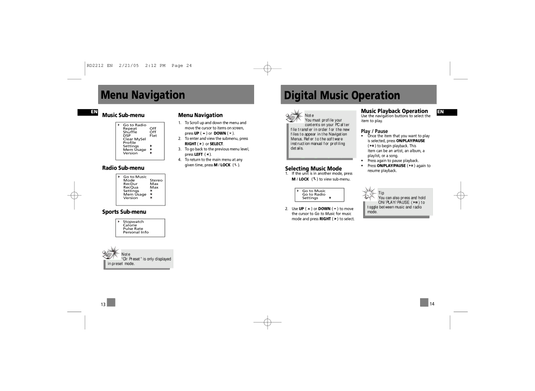 RCA RD2215, RD2210, 56028090 manual Menu Navigation Digital Music Operation 