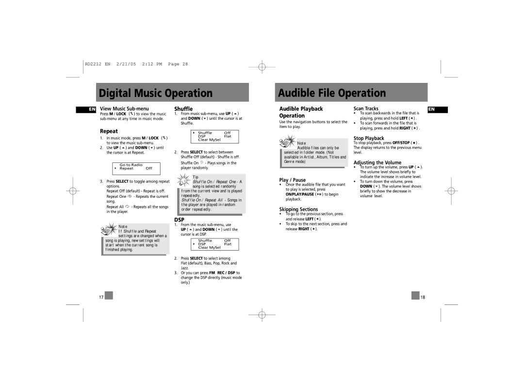 RCA RD2210, RD2215, 56028090 manual Digital Music Operation Audible File Operation, Dsp 