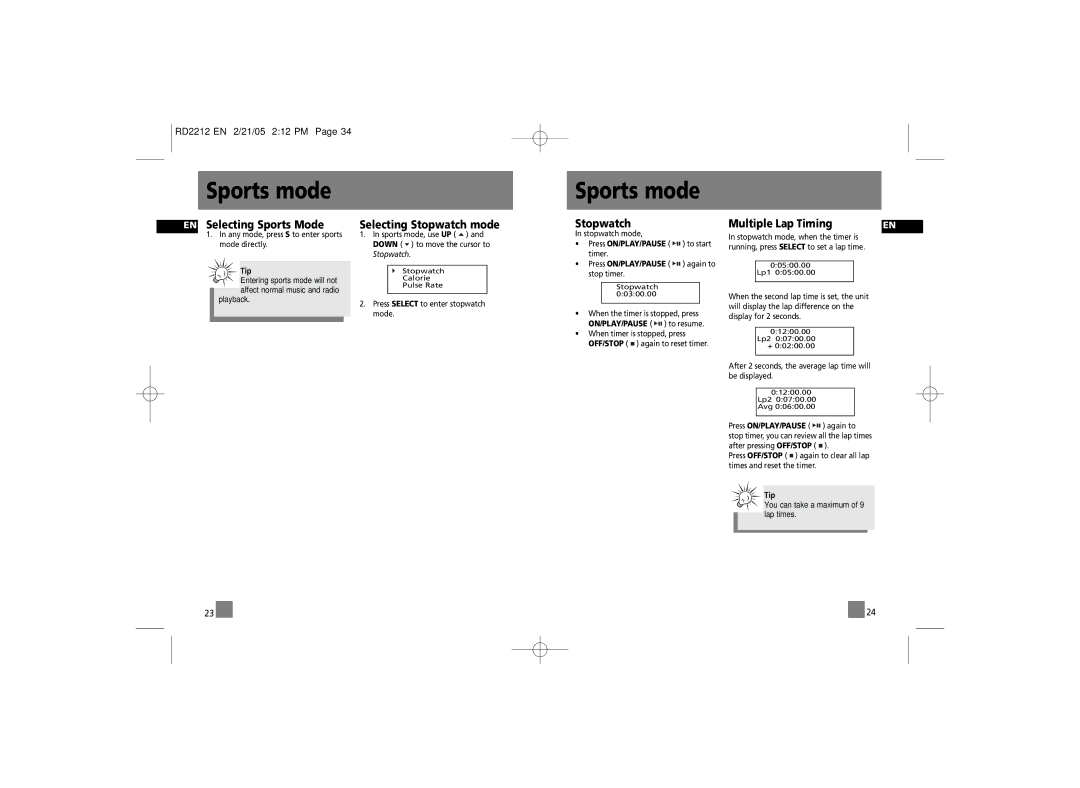 RCA RD2210, RD2215, 56028090 manual Sports mode, EN Selecting Sports Mode, Selecting Stopwatch mode, Multiple Lap Timing 