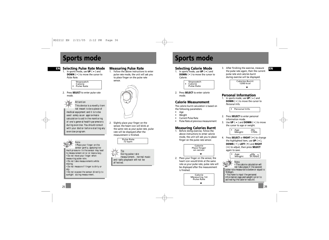 RCA RD2215, RD2210 manual EN Selecting Pulse Rate Mode, Measuring Pulse Rate, Selecting Calorie Mode, Calorie Measurement 