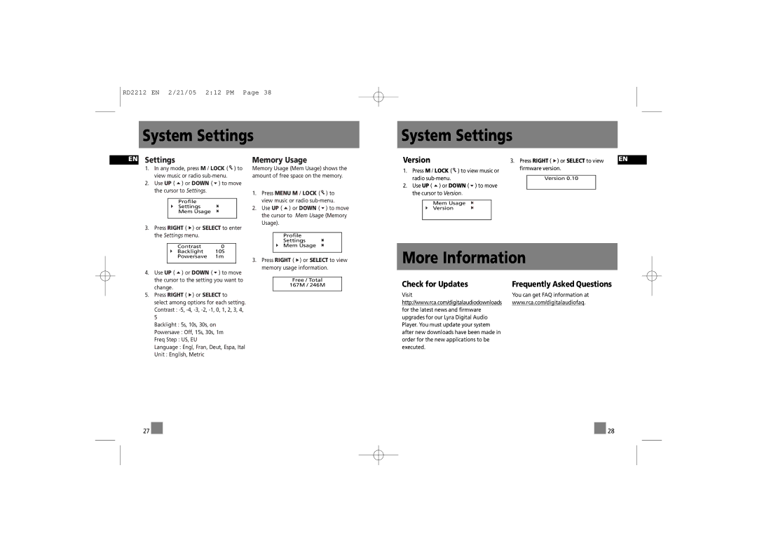 RCA 56028090, RD2210, RD2215 manual System Settings, More Information, Version, Check for Updates Frequently Asked Questions 