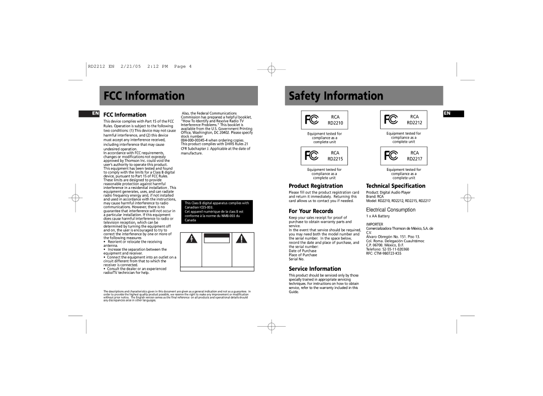 RCA RD2210, RD2215, 56028090 manual FCC Information Safety Information 