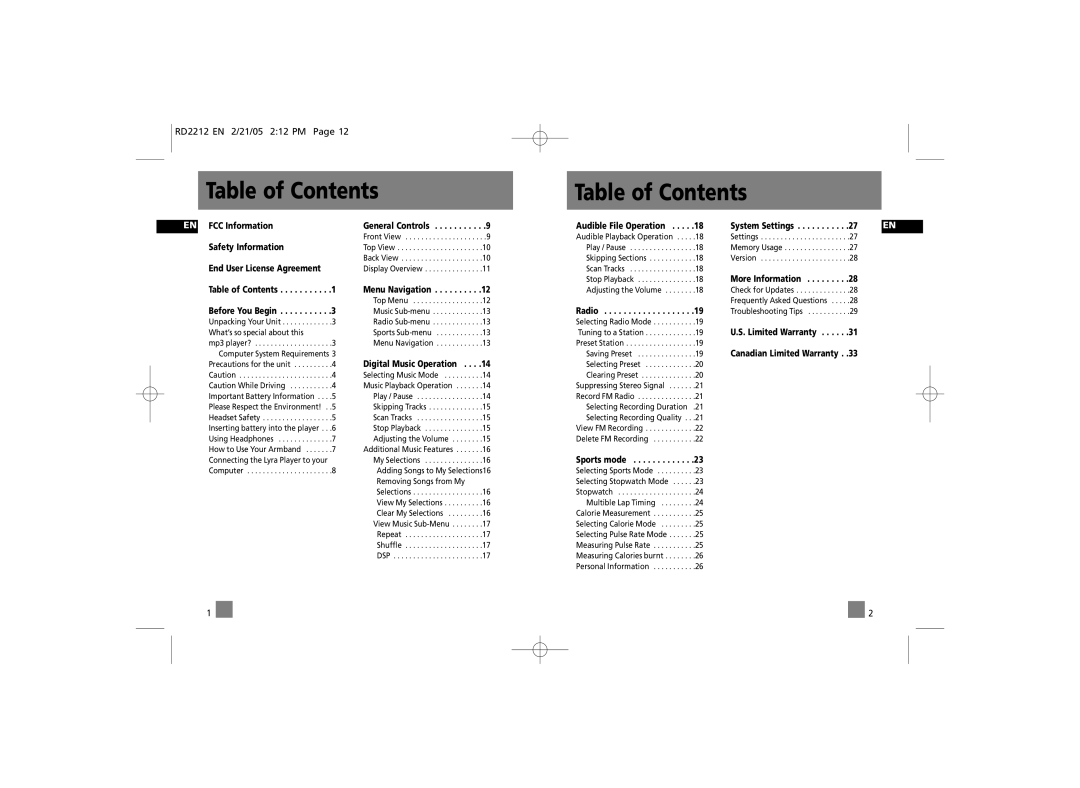 RCA RD2215, RD2210, 56028090 manual Table of Contents 