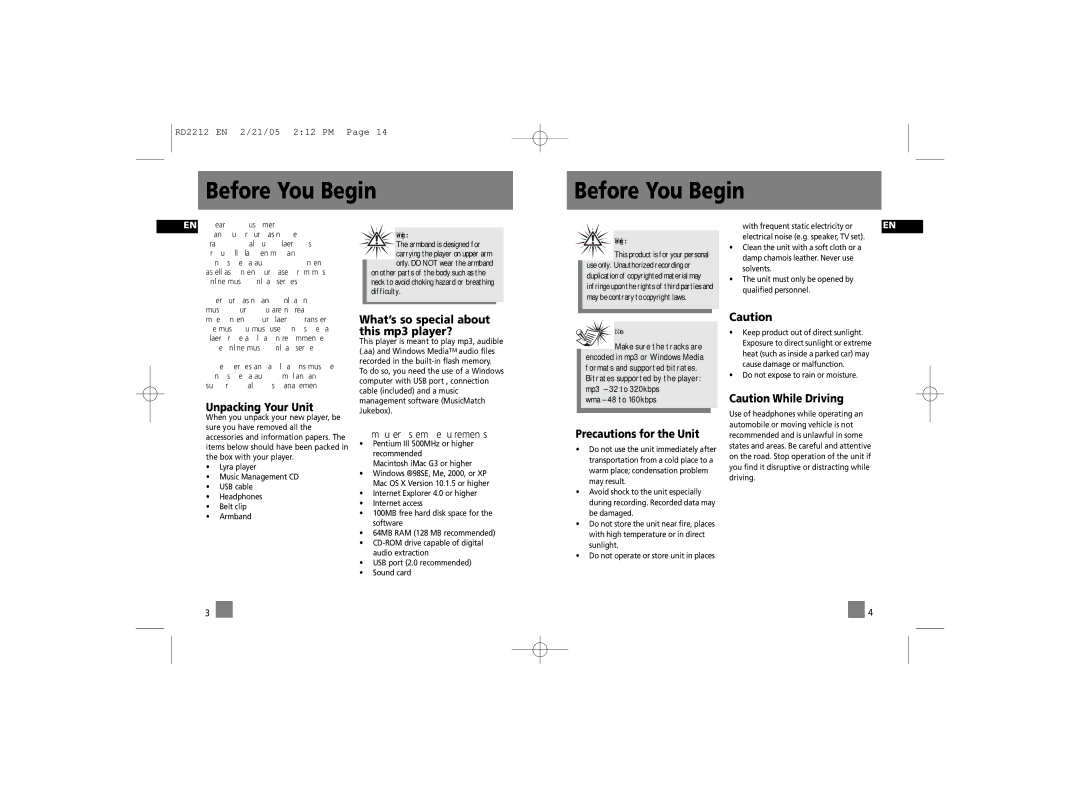 RCA 56028090, RD2210, RD2215 Before You Begin, Unpacking Your Unit, Computer System Requirements, Precautions for the Unit 