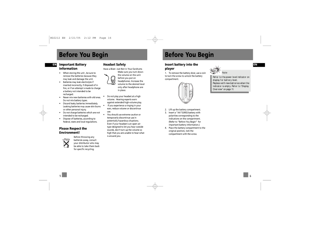 RCA RD2210 EN Important Battery Information, Please Respect Environment, Headset Safety, Insert battery into the player 