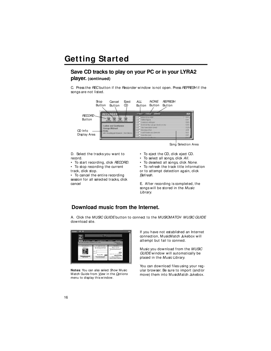 RCA RD2211 manual Save CD tracks to play on your PC or in your LYRA2, Download music from the Internet, Player 