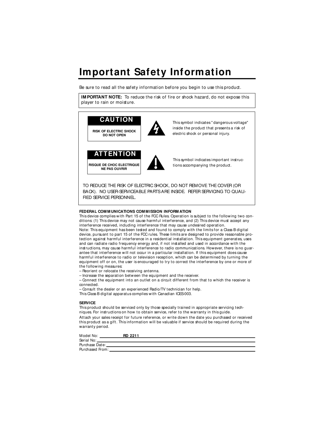 RCA RD2211 manual Important Safety Information, Federal Communications Commission Information 