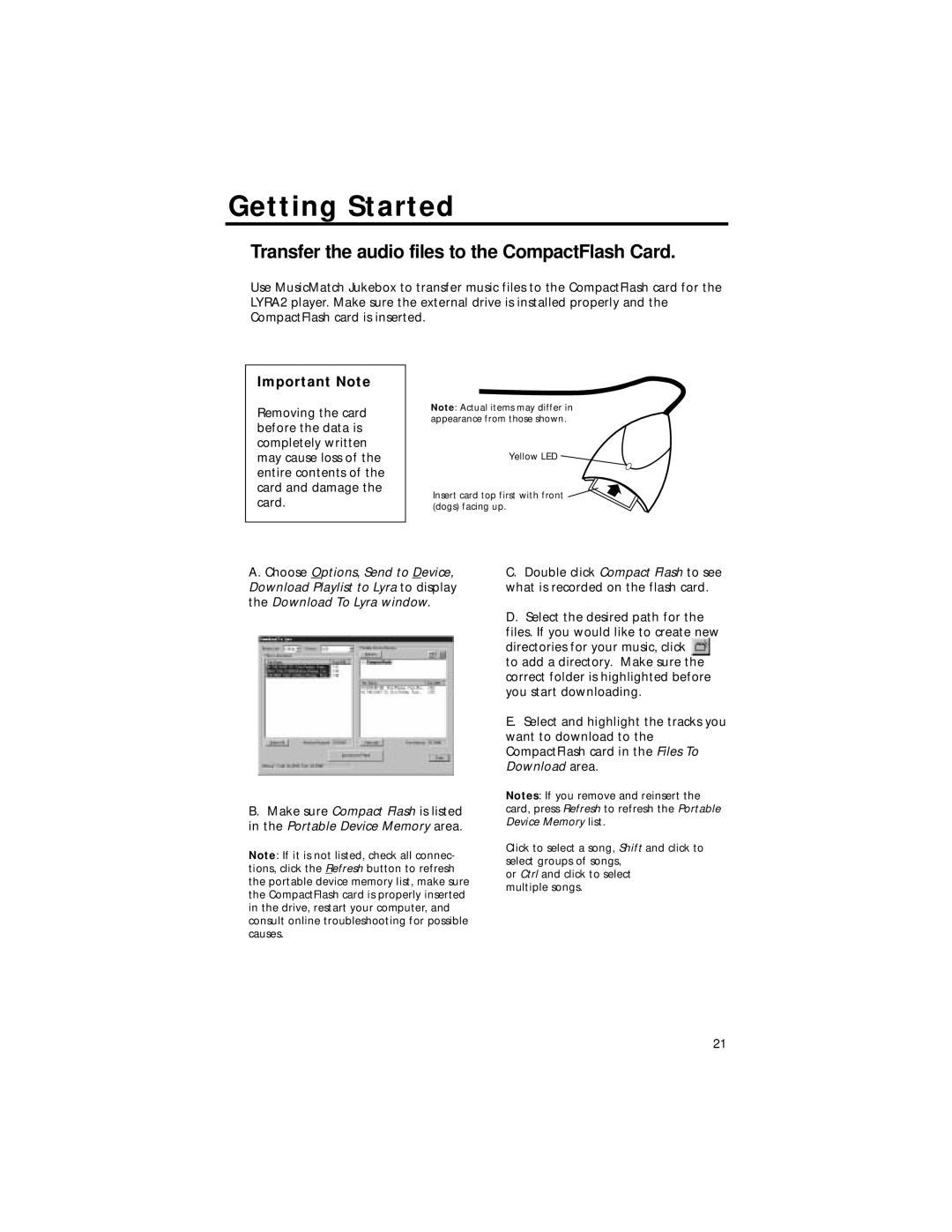 RCA RD2211 manual Transfer the audio files to the CompactFlash Card, Important Note 