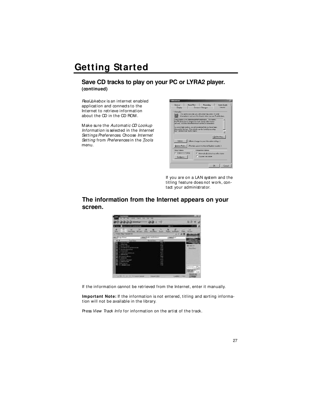 RCA RD2211 manual Save CD tracks to play on your PC or LYRA2 player, Information from the Internet appears on your screen 