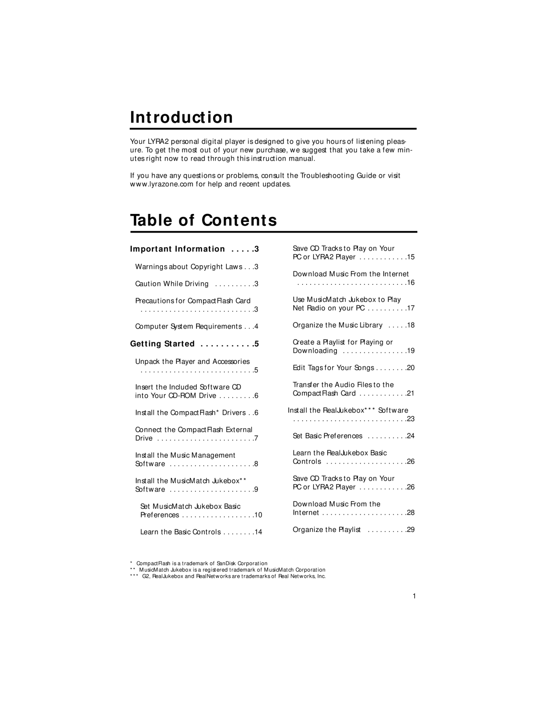 RCA RD2211 manual Introduction Table of Contents 