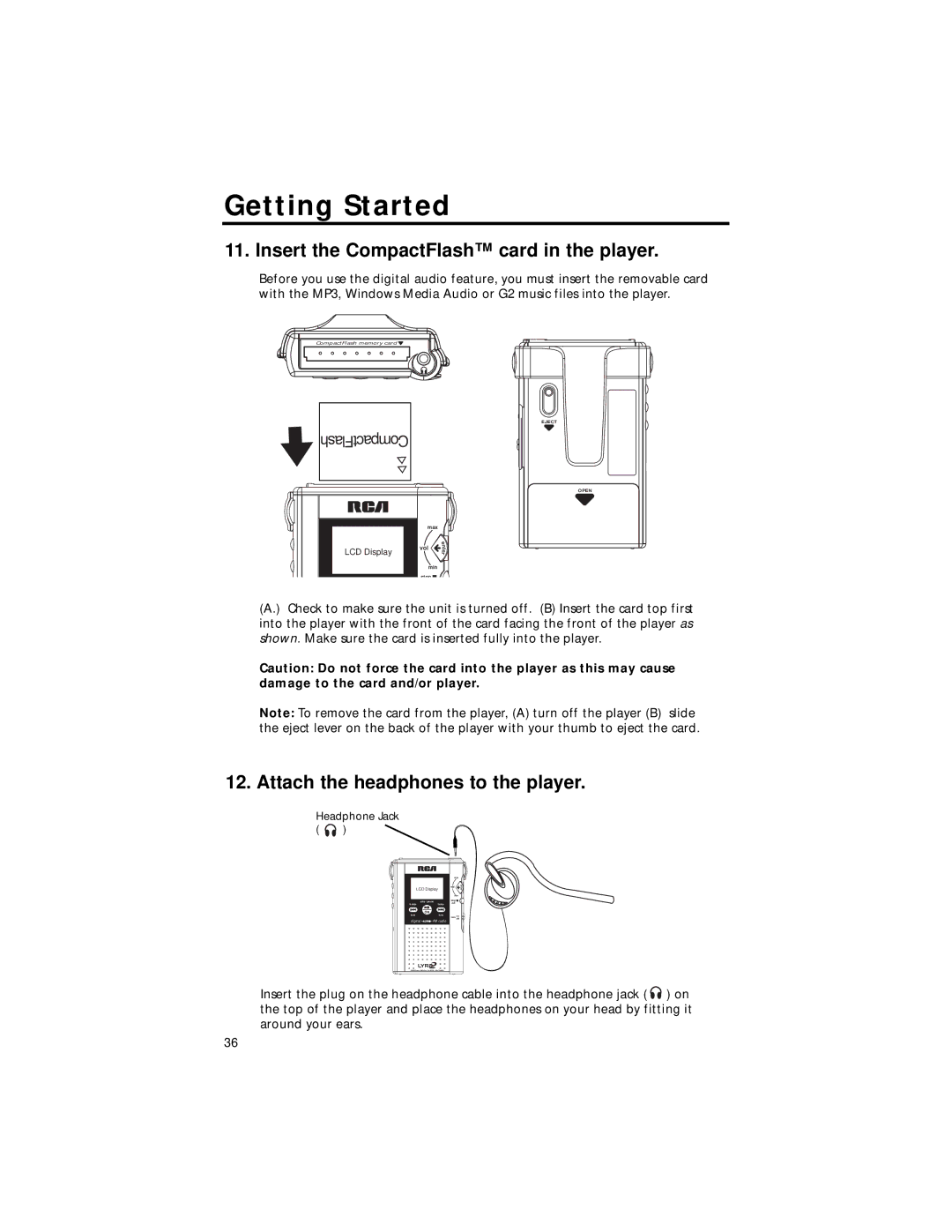 RCA RD2211 manual Insert the CompactFlash card in the player, Attach the headphones to the player 