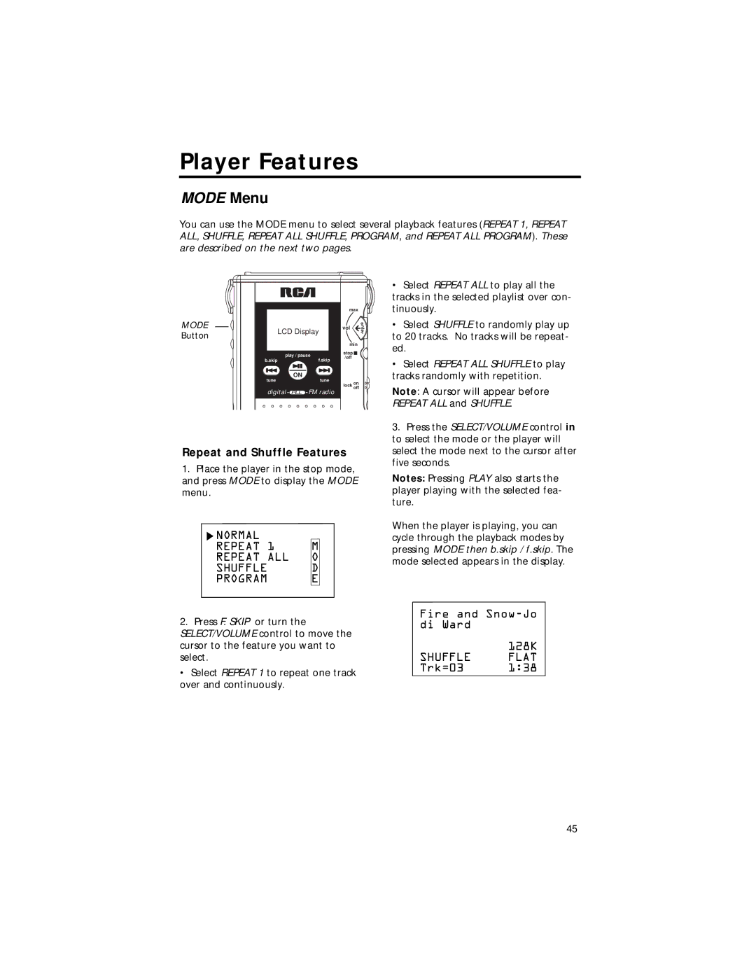 RCA RD2211 manual Mode Menu, Repeat and Shuffle Features 