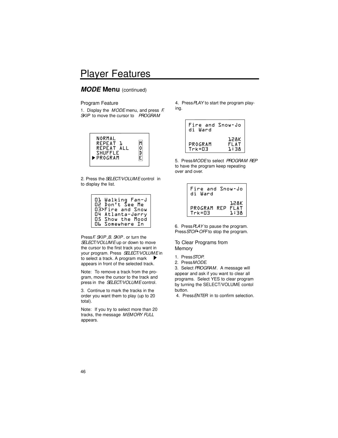 RCA RD2211 manual Mode Menu Program Feature, To Clear Programs from Memory 