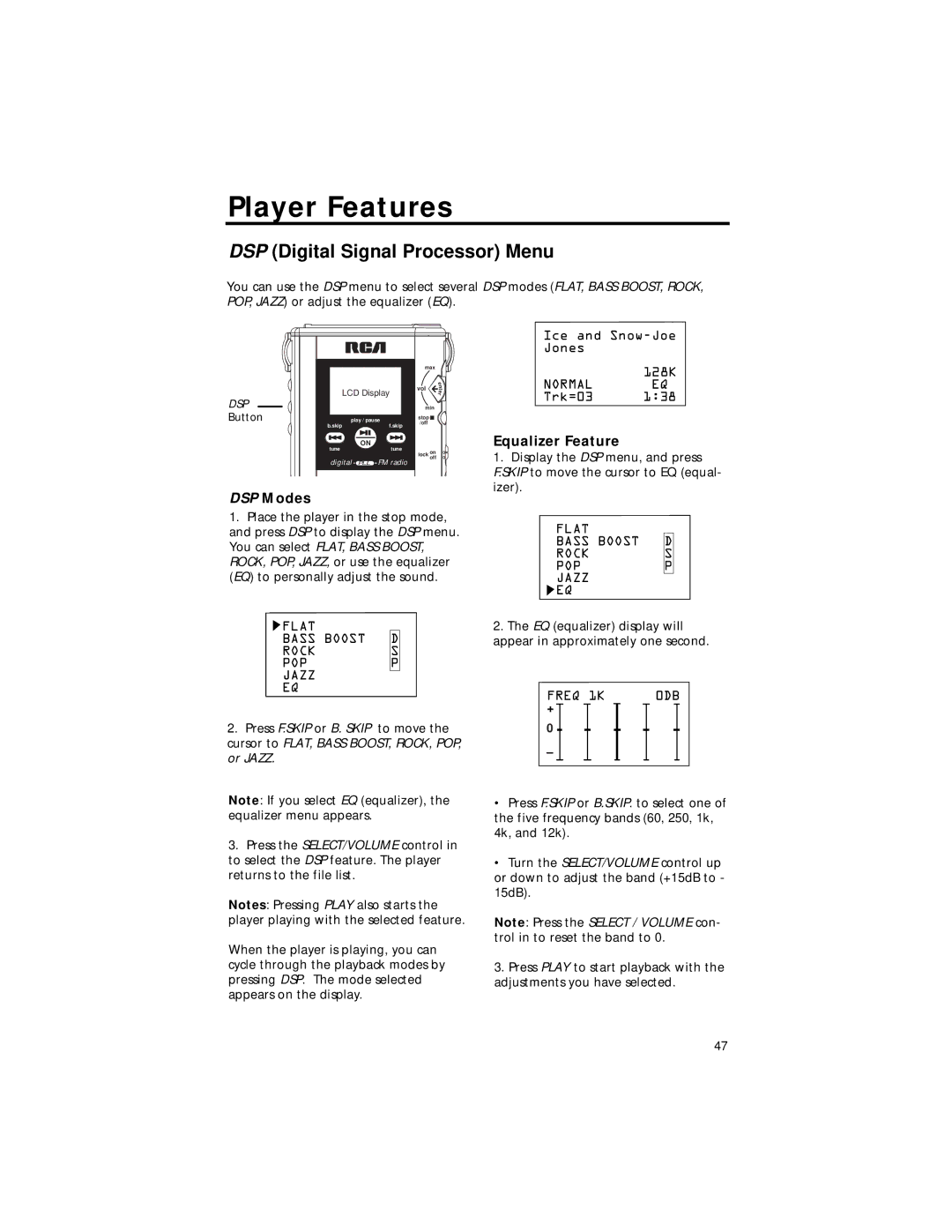 RCA RD2211 manual DSP Digital Signal Processor Menu, DSP Modes, Equalizer Feature 