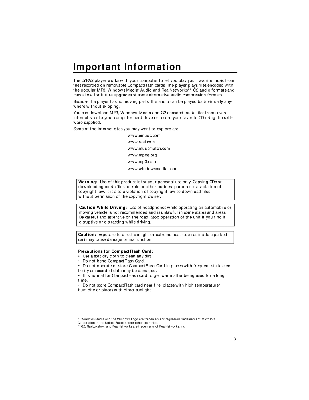 RCA RD2211 manual Important Information, Precautions for CompactFlash Card 