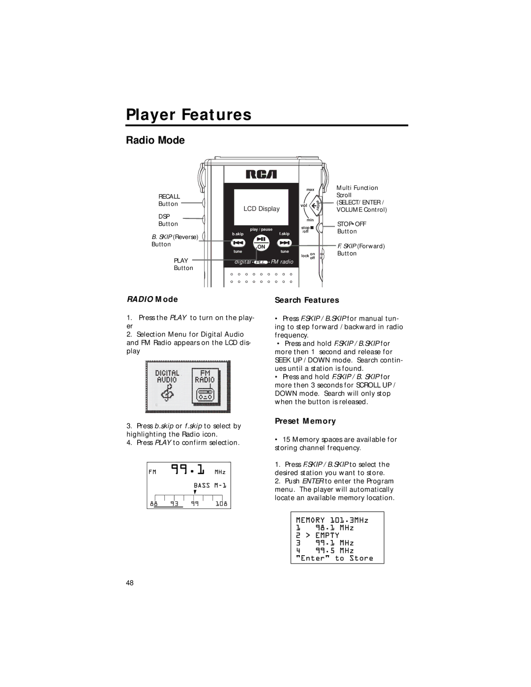 RCA RD2211 manual Radio Mode, Search Features, Preset Memory 