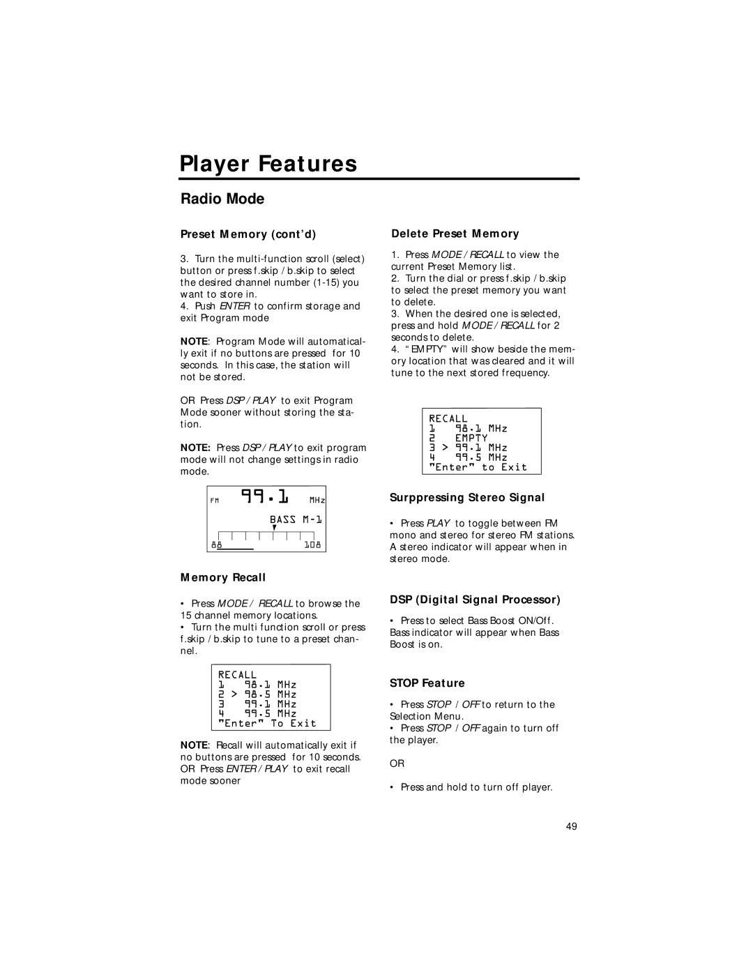 RCA RD2211 manual Preset Memory cont’d, Memory Recall, Delete Preset Memory, Surppressing Stereo Signal, Stop Feature 