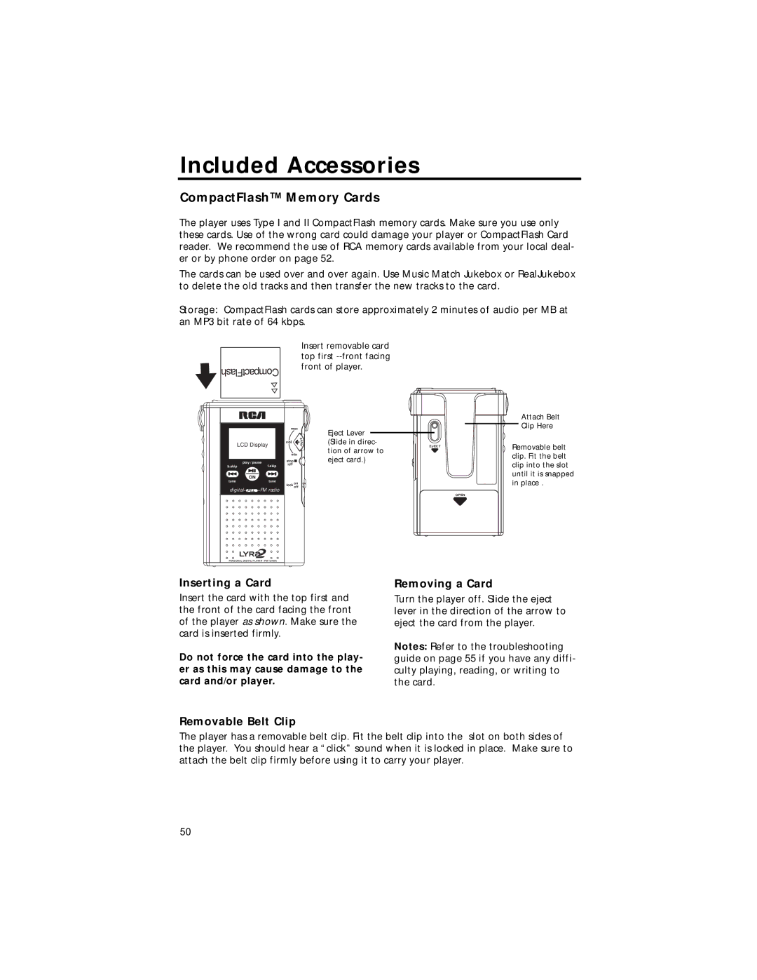 RCA RD2211 manual Included Accessories, Inserting a Card, Removing a Card, Removable Belt Clip 