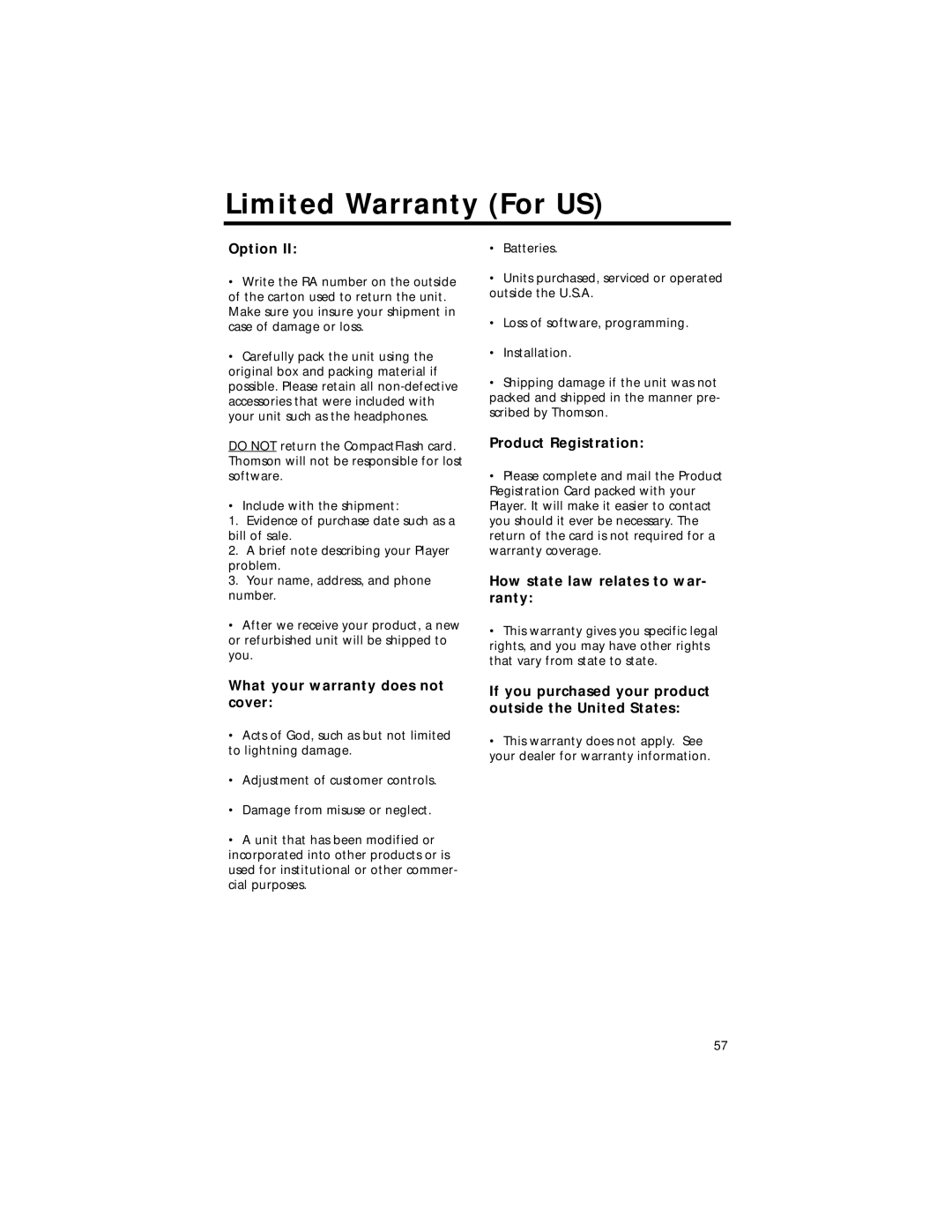 RCA RD2211 manual What your warranty does not cover, Product Registration, How state law relates to war- ranty 