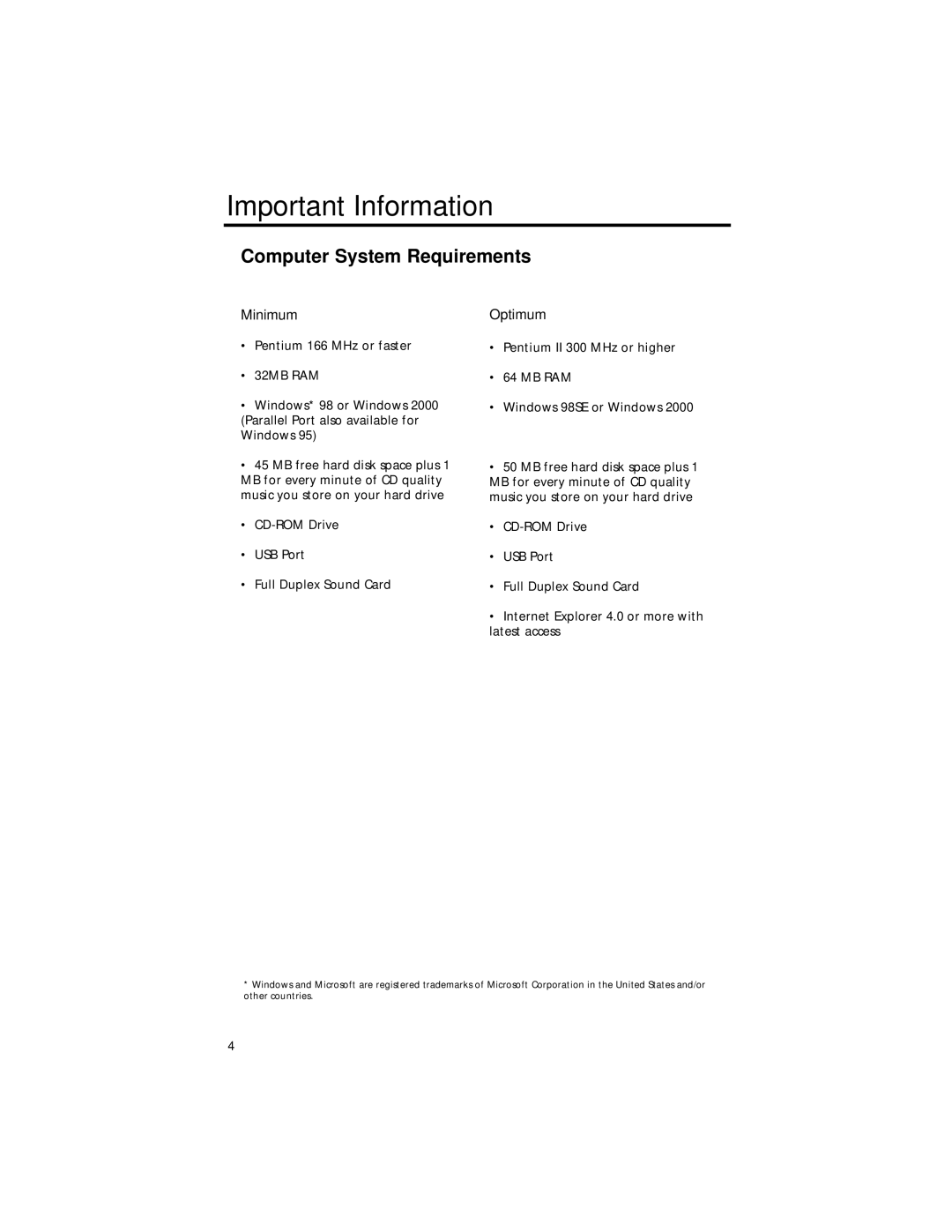 RCA RD2211 manual Computer System Requirements, Minimum, Optimum 