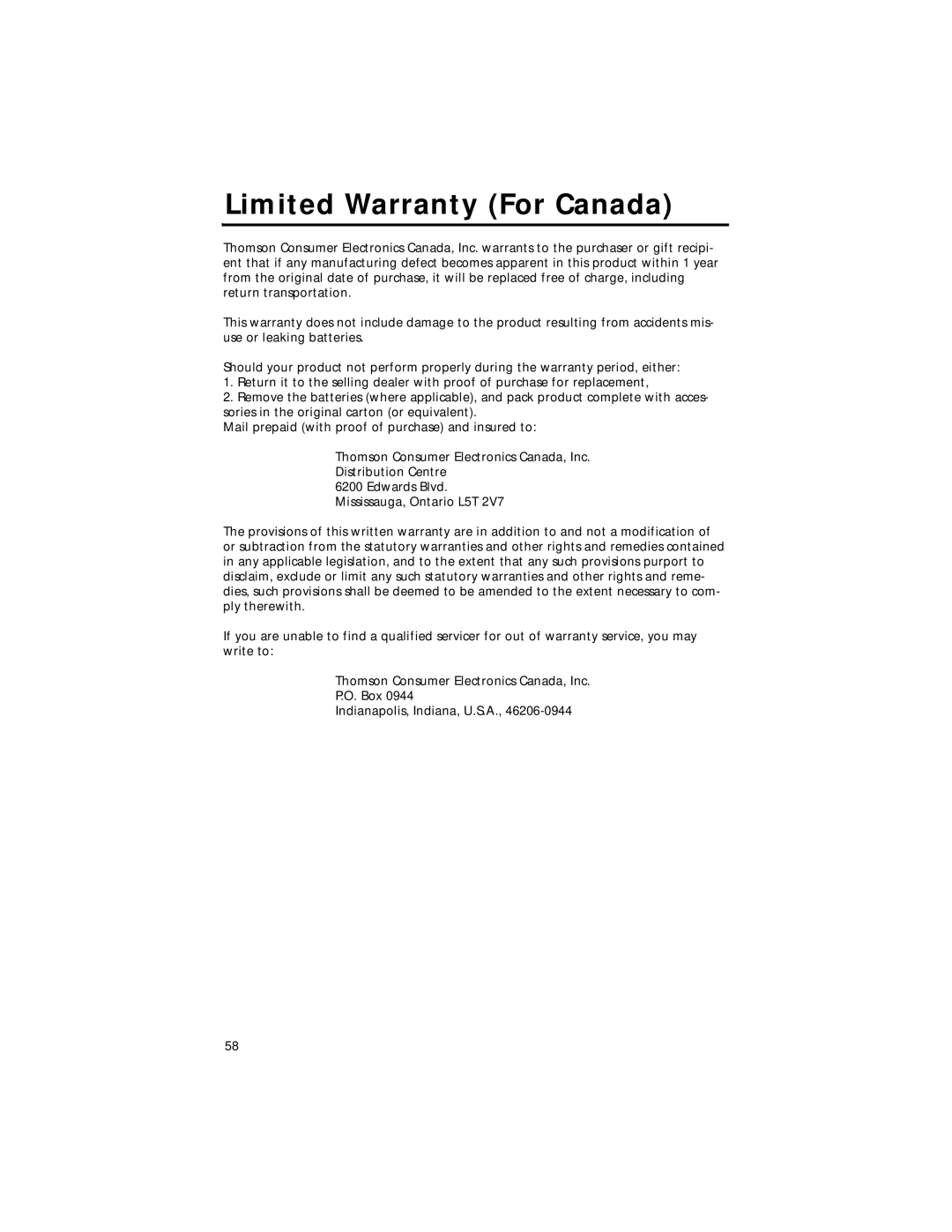 RCA RD2211 manual Limited Warranty For Canada 