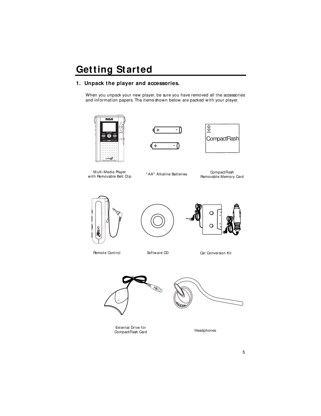 RCA RD2211 manual Getting Started, Unpack the player and accessories 