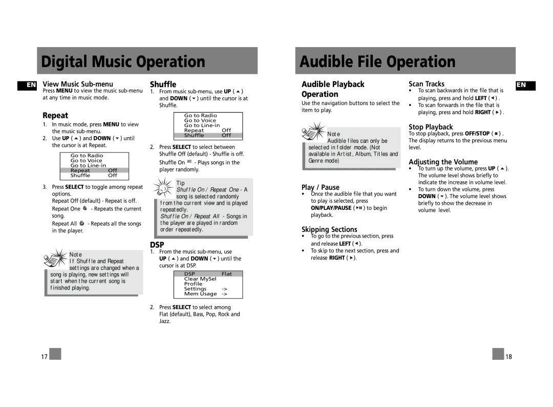 RCA RD2317, RD2315, RD2312 Digital Music Operation Audible File Operation, Repeat, Shuffle, Audible Playback Operation 