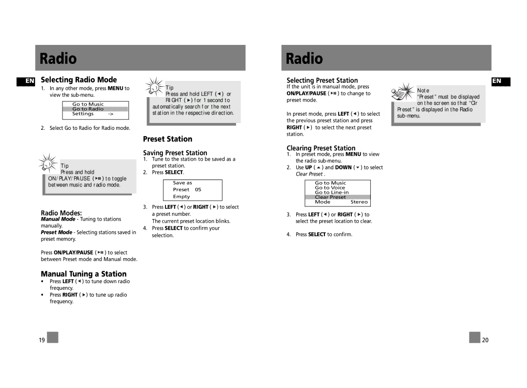 RCA RD2315, RD2312, RD2317 user manual EN Selecting Radio Mode, Preset Station, Manual Tuning a Station 