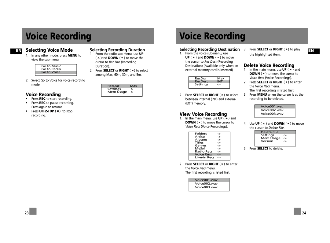 RCA RD2317, RD2315, RD2312 user manual EN Selecting Voice Mode, Delete Voice Recording, View Voice Recording 