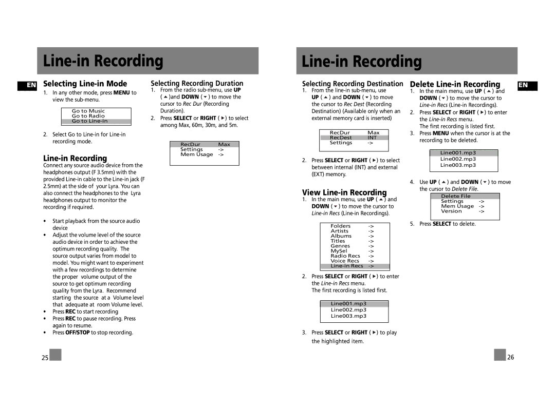 RCA RD2315, RD2312, RD2317 user manual EN Selecting Line-in Mode, View Line-in Recording, Delete Line-in Recording 