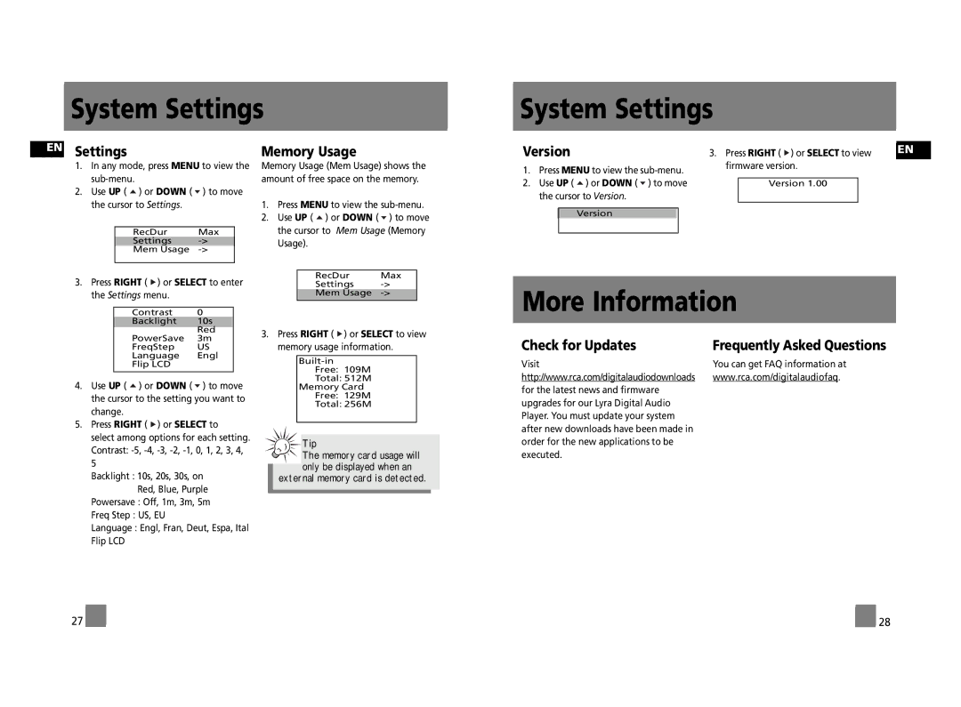 RCA RD2312, RD2315, RD2317 user manual System Settings, More Information 