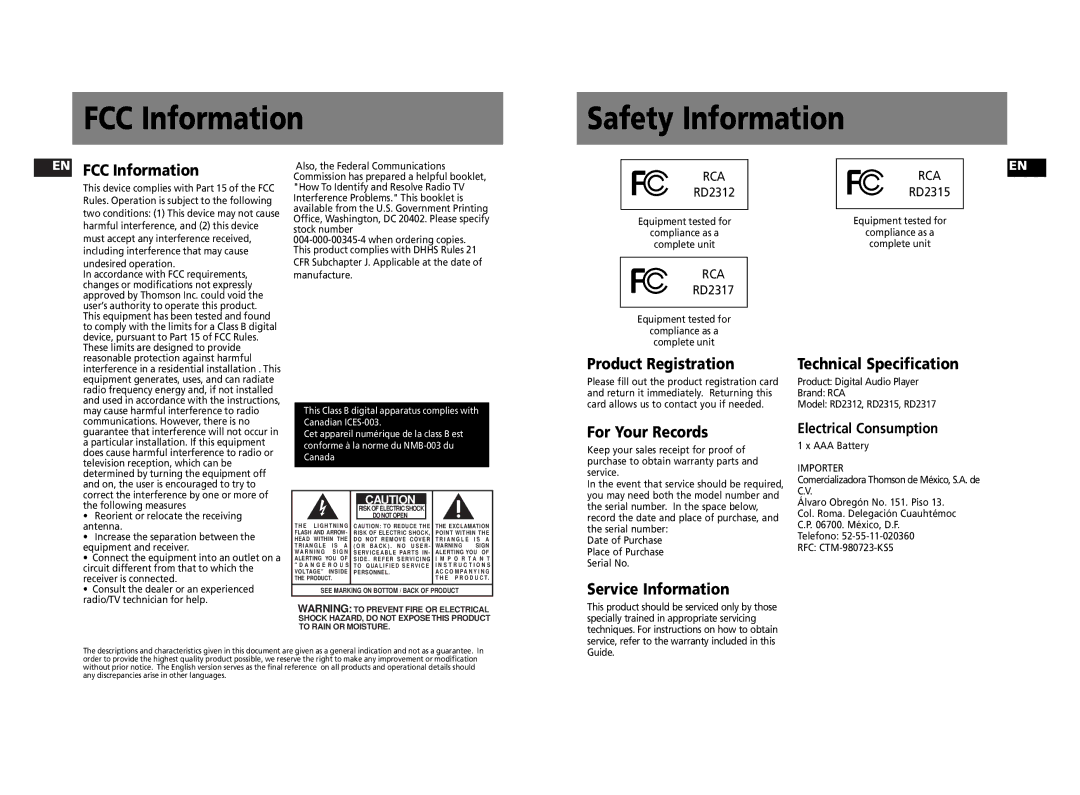 RCA RD2317, RD2315, RD2312 FCC Information Safety Information, EN FCC Information, Product Registration, For Your Records 