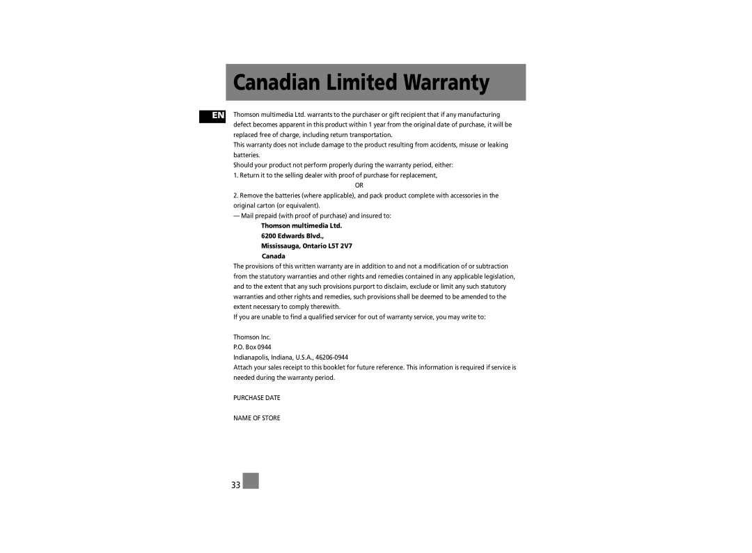 RCA RD2312, RD2315, RD2317 user manual Canadian Limited Warranty, Edwards Blvd., Mississauga, Ontario L5T 2V7 Canada 