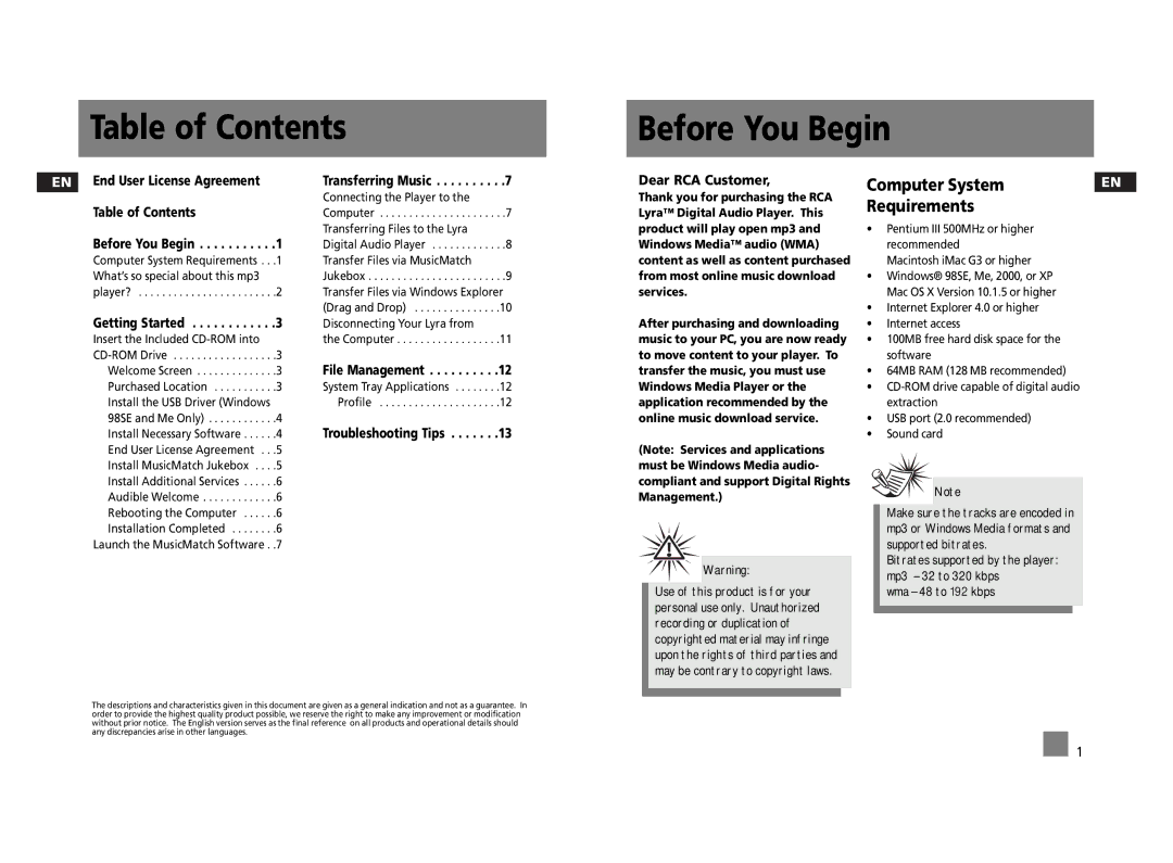 RCA RD2315, RD2312, RD2317 user manual Table of Contents Before You Begin 