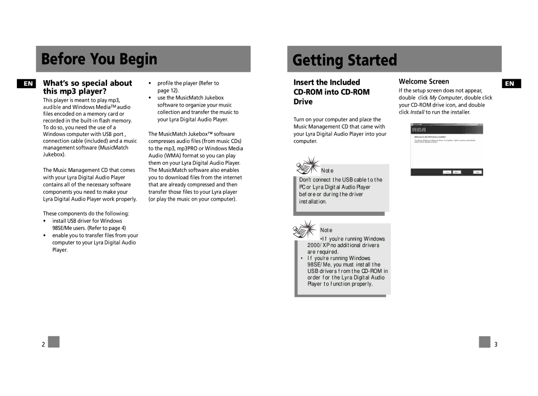 RCA RD2312, RD2315, RD2317 user manual Before You Begin Getting Started, EN What’s so special about this mp3 player? 