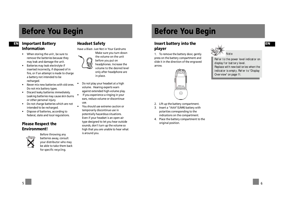 RCA RD2317 EN Important Battery Information, Please Respect Environment, Headset Safety, Insert battery into the player 