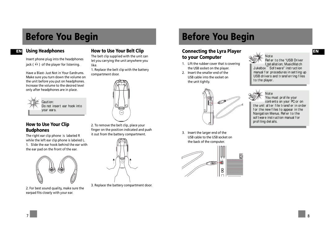 RCA RD2315, RD2312, RD2317 user manual EN Using Headphones, How to Use Your Clip Budphones, How to Use Your Belt Clip 