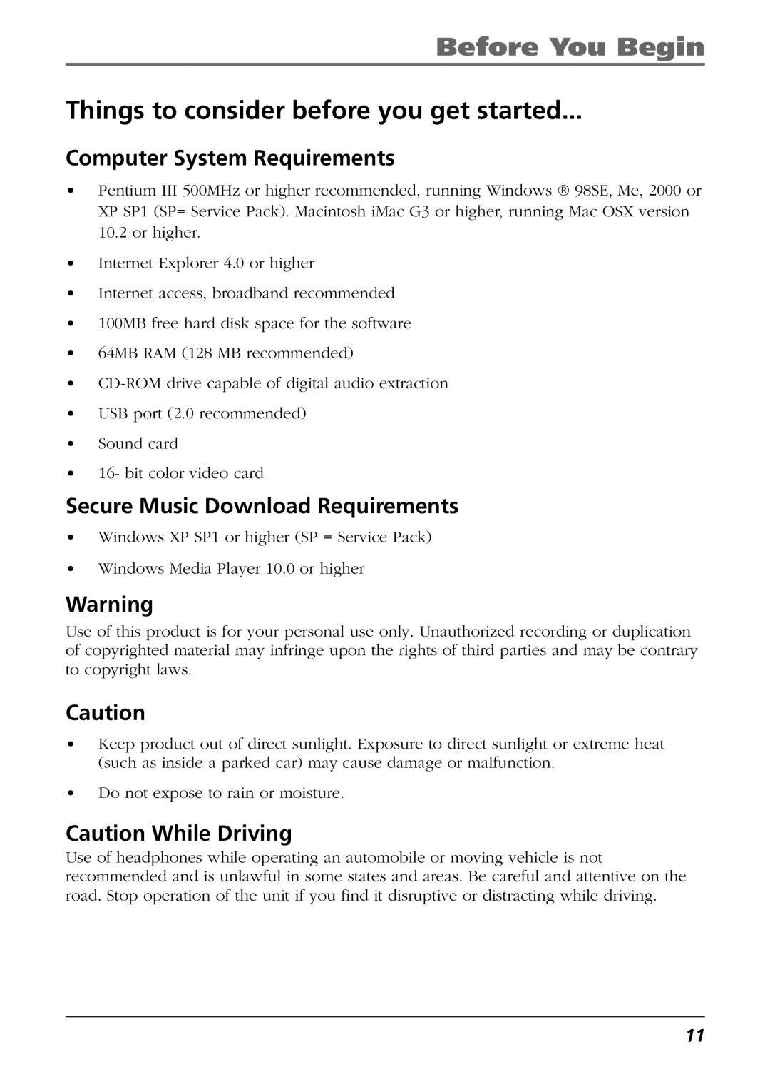 RCA RD2763FM Things to consider before you get started, Computer System Requirements, Secure Music Download Requirements 