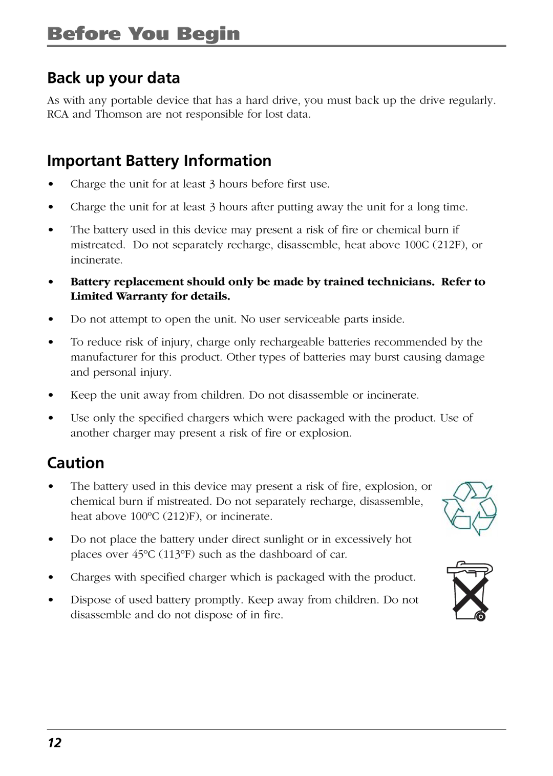 RCA RD2763FM manual Back up your data, Important Battery Information 