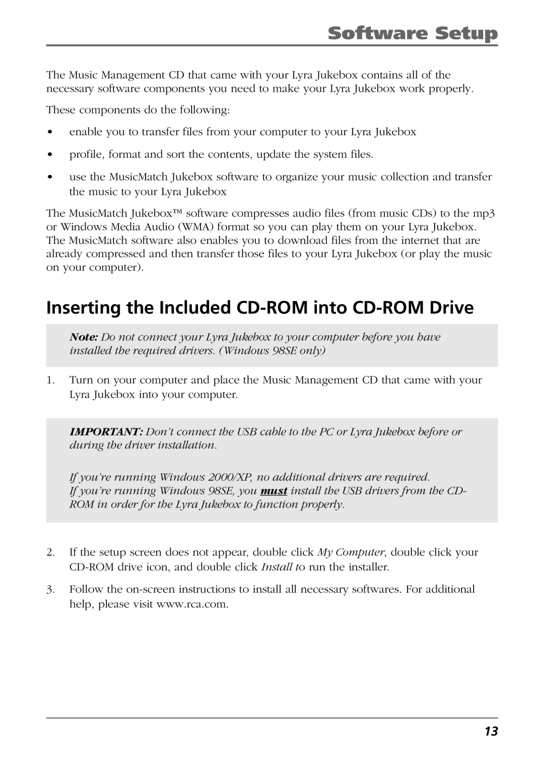 RCA RD2763FM manual Software Setup, Inserting the Included CD-ROM into CD-ROM Drive 