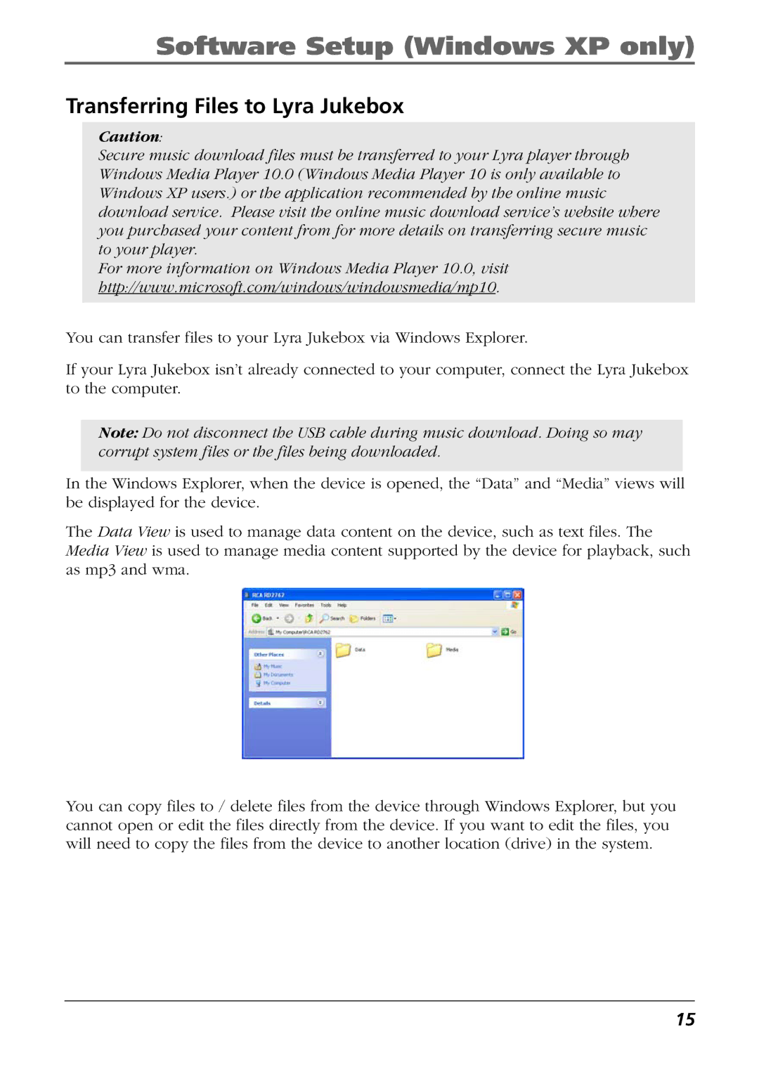 RCA RD2763FM manual Software Setup Windows XP only, Transferring Files to Lyra Jukebox 